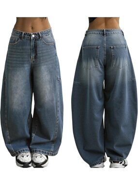 Women Dark Blue Denim Pants Y2k Pull On Wide Leg Mid Rise Waisted Baggy Jeans